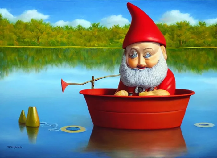 Image similar to a garden gnome sailing in a bucket, whimsical background of a reflective pond on a sunny day with dramatic clouds, an ultrafine detailed painting by mark ryden, trending on deviantart, pop surrealism, whimsical, lowbrow, joyous, perfect symmetrical face