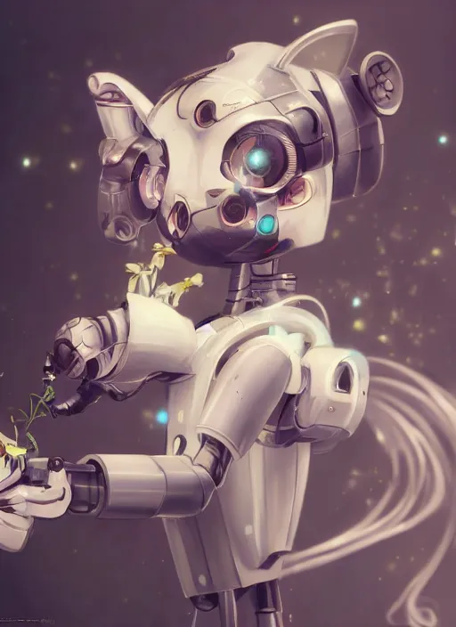 Prompt: nekomimi robot looking at a flower, fluent composition, concept art, ambient light, 4 k, intricate details, highly professionally detailed, cgsociety, highly detailed -