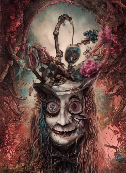 Image similar to alice in wonderland mad hatter the magician tarot card, highly detailed, half skull face, cinematic, 8 k, by stanley artgermm, tom bagshaw, greg rutkowski, carne griffiths, ayami kojima, beksinski, giger, trending on deviantart, hyper detailed, horror, full of colour