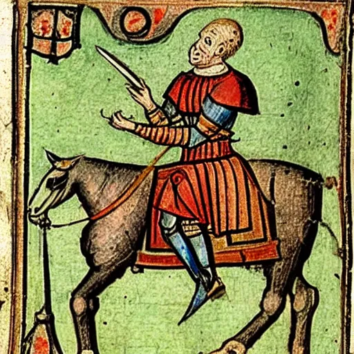 Prompt: a 1 5 th century medieval manuscript illustration of a knight on his phone, high quality scan, university of oxford