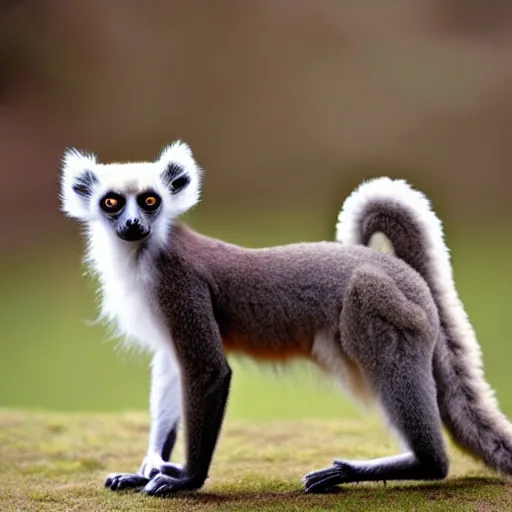 Image similar to monkey - cat - dog - fox hybrid in lemur pose, fluffy white fur, very long tail