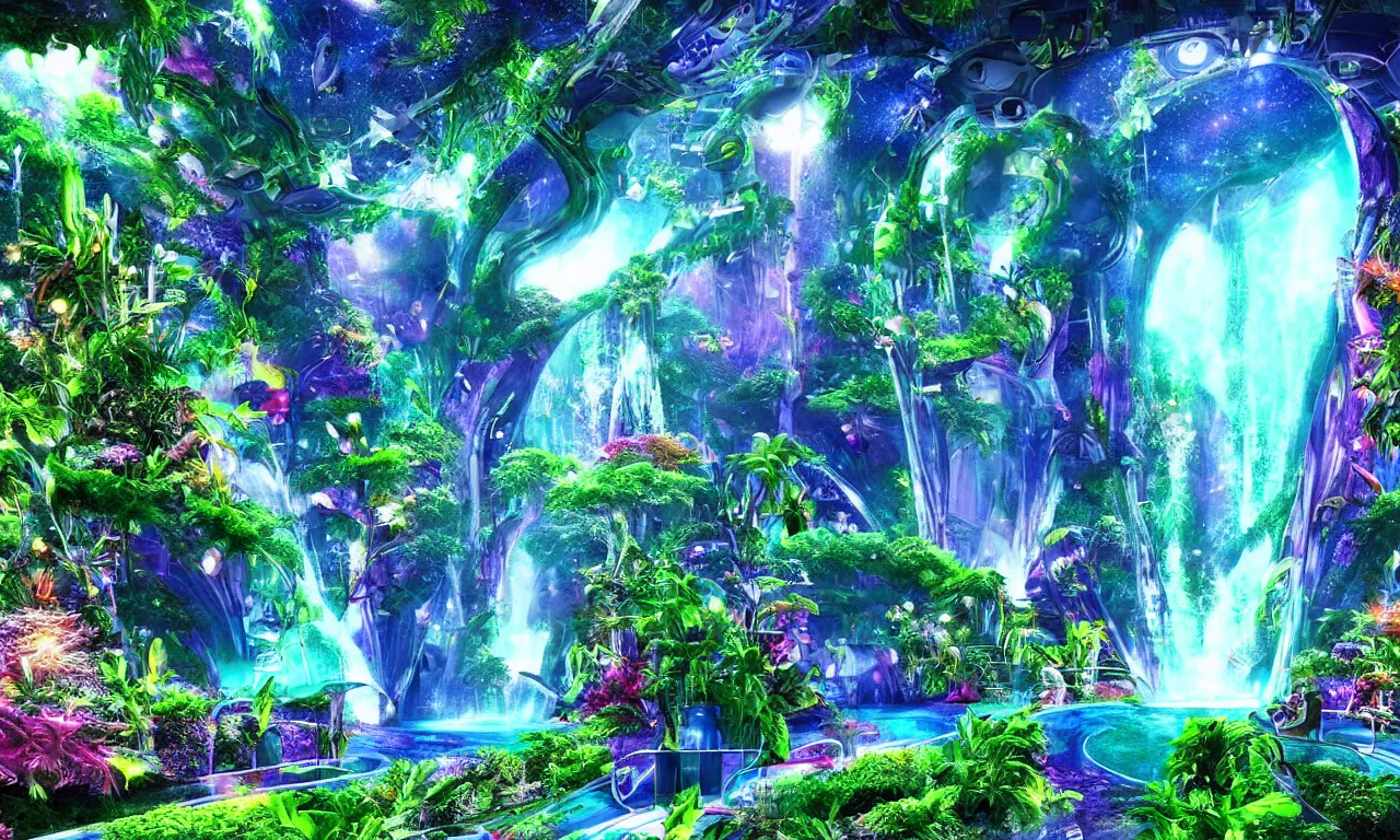 Prompt: paradise inside of a spaceship for humans in deep space, dance club vibes, massive windows showing deep space, natural, plants, water features, waterfalls, vibrant colors, highly detailed, accurate photograph
