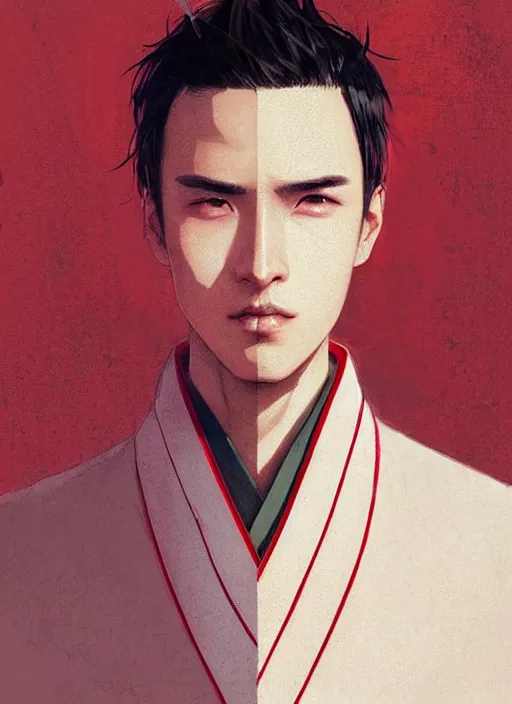 Image similar to concept art, a young man with danfeng eyes, fair complexion, straight nose, thin lips, delicate eyebrows, handsome and elegant, always wears a set of hanfu embroidered with red dragons, conrad roset, greg rutkowski, flume cover art