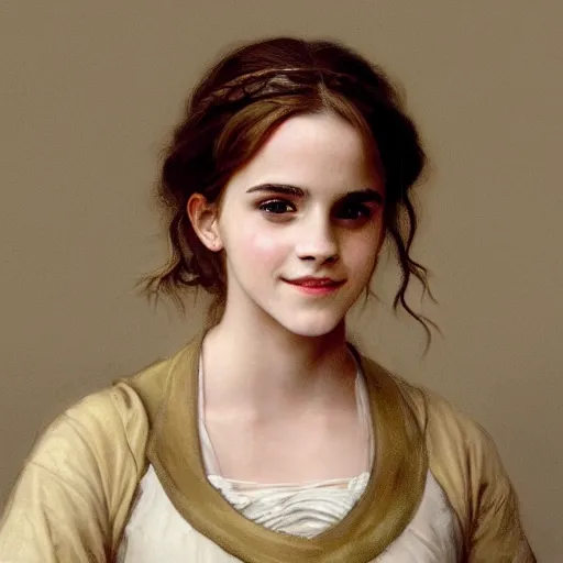 Prompt: Painting of Emma Watson as Hermione Granger. Young. Smiling. Happy. Cheerful. Prisoner of Azkaban. Art by william adolphe bouguereau. Very very very very very very very very very very very very much detailed. Beautiful. 4K. Award winning.