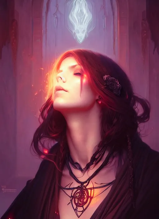 Image similar to Necromancer Sorceress, fantasy magic, undercut hairstyle, dark light night, intricate, elegant, sharp focus, illustration, highly detailed, digital painting, concept art, matte, art by WLOP and Artgerm and Greg Rutkowski and Alphonse Mucha, masterpiece