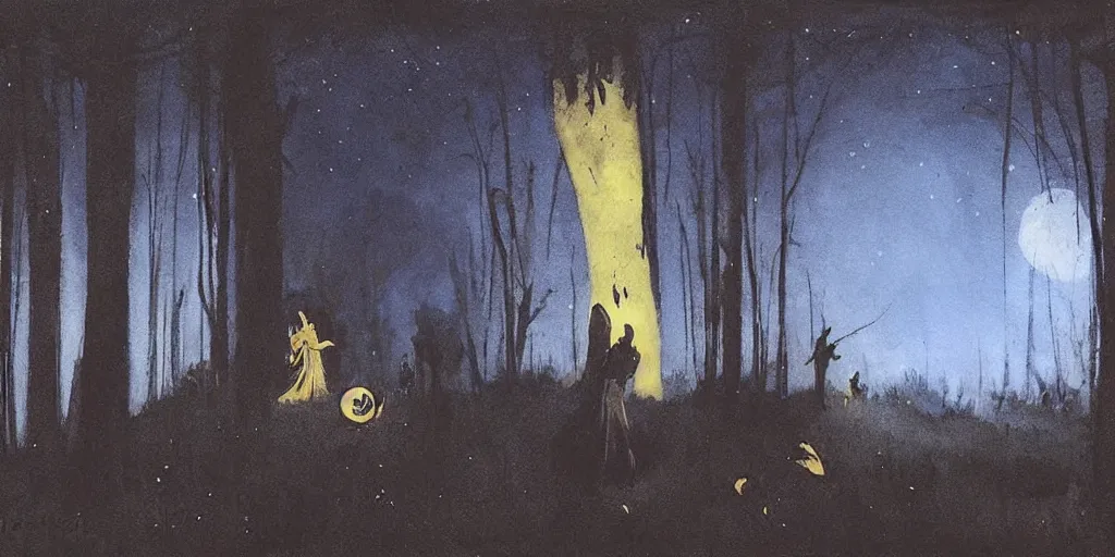 Prompt: forest mystical ceremony under the moon light, fireflies, ominous sky, by jeffrey catherine jones