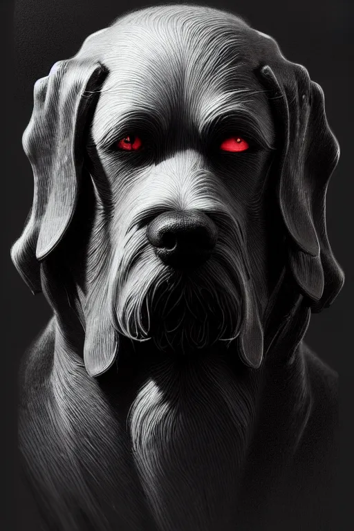 Image similar to dog as mourning crying phantom, very detailed face, detailed features, fantasy, circuitry, explosion, dramatic, intricate, elegant, highly detailed, digital painting, artstation, concept art, smooth, sharp focus, illustration, art by gustave dore, octane render