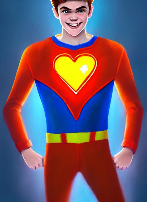 Image similar to friendly teenage archie andrews wearing an orange superhero costume with heart logo, heart, freckles, blue cape, heart emblem on chest, blue cape, intricate, elegant, glowing lights, highly detailed, digital painting, artstation, sharp focus, illustration, art by wlop, mars ravelo and greg rutkowski