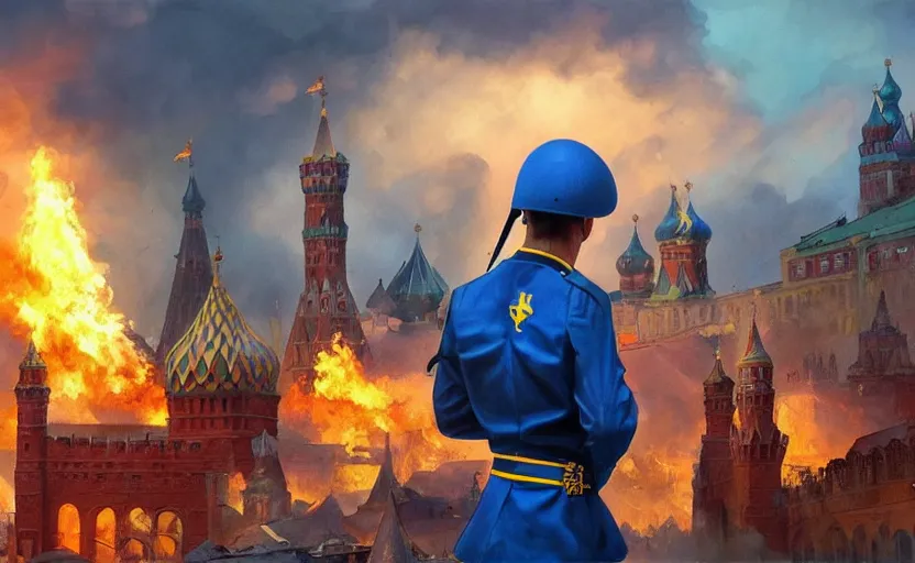 Image similar to special forces soldier with ukrainian blue and yellow shoulder patch watches red square kremlin burn in the background, d & d, fantasy, bright atmosphere, volumetric lights, intricate, elegant, extremely detailed, digital painting, artstation, concept art, matte, smooth, sharp focus, hyper realistic, illustration, art by artgerm and greg rutkowski and alphonse mucha