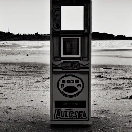 Image similar to an abandoned arcade machine on the beach at night. photograph in the style of simon stalenhag