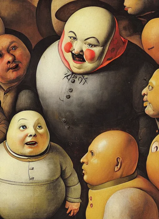 Image similar to full body detailed painting of silly round humpty dumpty with jack black facial expression, realistic, pieter brueghel