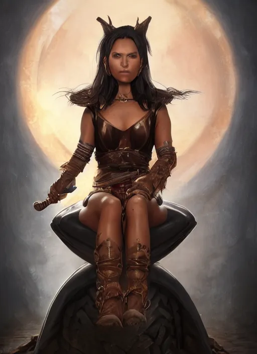 Prompt: An epic fantasy comic book style portrait painting of a tan woman with black hair in a pony tail and serious eyes sitting on a throne, unreal 5, DAZ, hyperrealistic, octane render, cosplay, RPG portrait, dynamic lighting