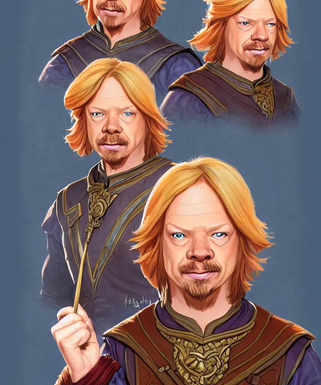 Image similar to a fantasy comic - style full portrait of a n aristocratic halfling who looks like david spade, digital illustration by ken taylor and sana takeda and jenny frison, character design, concept art, fine inking lines, vivid colors, dnd, highly detailed!, hd, 4 k, trending on artstation