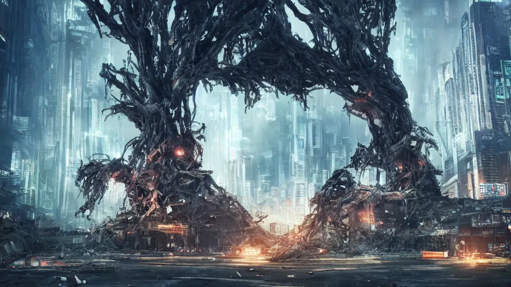 Image similar to a terrifying tree destroying a dystopian city, cyberpunk, sharp focus, dynamic lights, still, photograph, hyper realistic, masterpiece, octane render, rendered, 3 d, cinematic, cinematic lighting, dramatic lighting, highly detailed, intricate details, texture, cinematic composition, wide shot, by donglu yu and kevin jick and eddie del rio