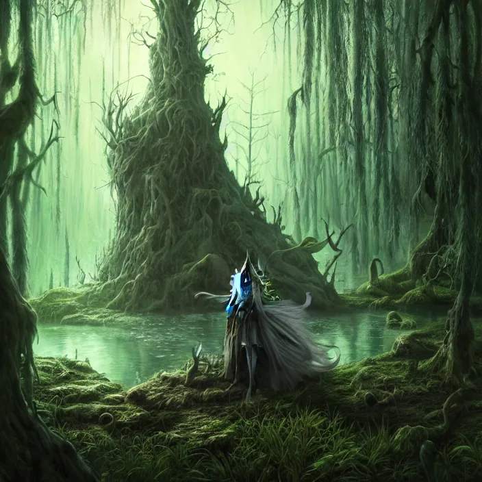 Prompt: mystical wizard in haunted swamp, surrounded by forest, highly detailed, d & d, fantasy, highly detailed, digital painting, trending on artstation, desaturated, concept art, sharp focus, illustration, global illumination, ray tracing, realistic shaded, art by artgerm and greg rutkowski and fuji choko and viktoria gavrilenko and hoang lap
