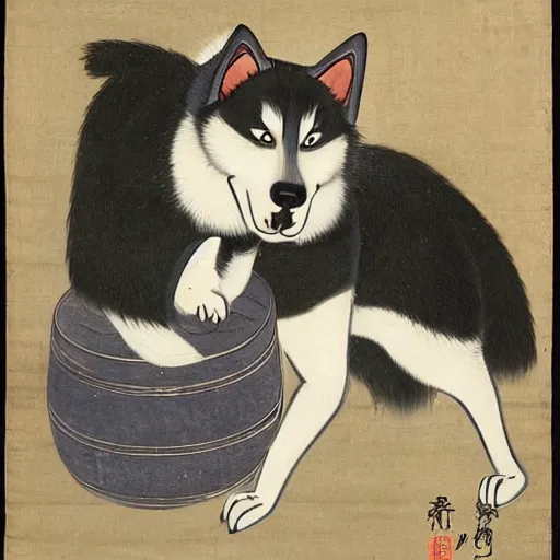 Image similar to Husky siberiano, Itō Jakuchu, 1790, hanging out with gray cat, drums