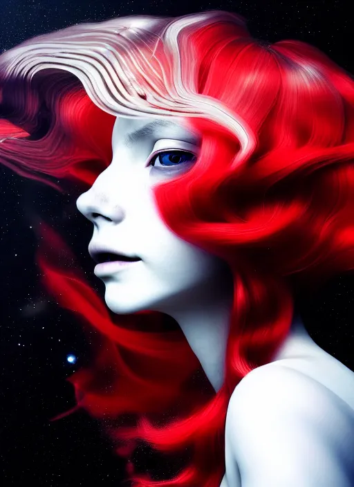 Prompt: highly detailed portrait of a hopeful pretty astronaut lady with a wavy blonde hair, by Ingrid Baars, 4k resolution, nier:automata inspired, bravely default inspired, vibrant but dreary but upflifting red, black and white color scheme!!! ((Space nebula background))