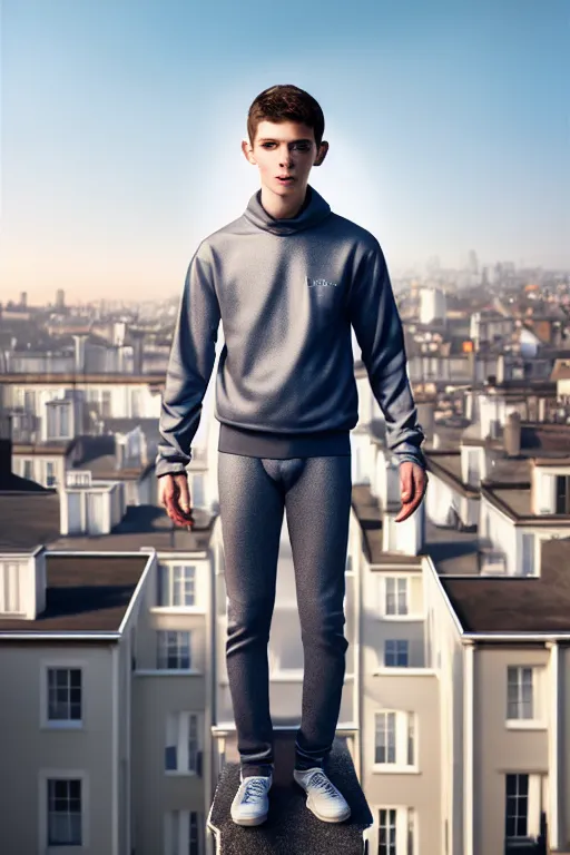 Image similar to un ultra high definition studio quality photographic art portrait of a young man standing on the rooftop of a british apartment building wearing soft padded silver pearlescent clothing. three point light. extremely detailed. golden ratio, ray tracing, volumetric light, shallow depth of field. set dressed.