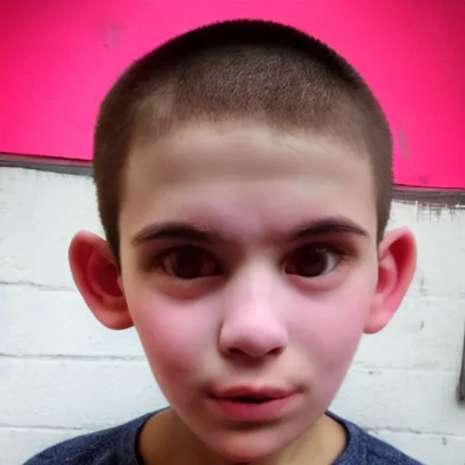 Image similar to selfie of a small boy with pink - red skin, thick lips, very pink face, thin eyebrows, short light brown hair, puffy face, small ears, high on edibles