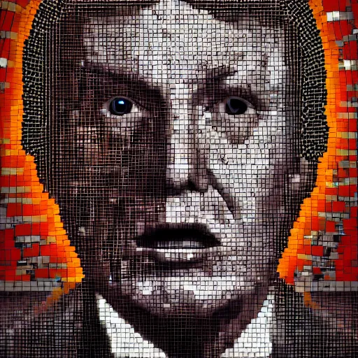 Prompt: portrait mosaic of trump with robot eyes, 4k, intricate details, digital, between heaven and hell