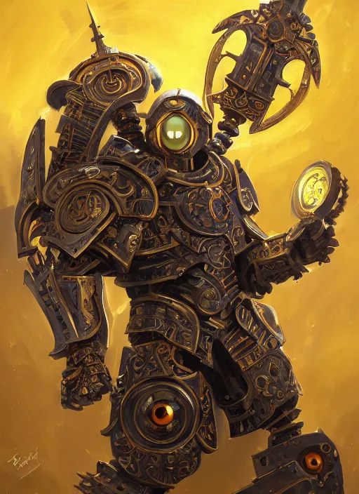 Image similar to full body, attack position abstract painting of a intricate ornate holy mechanical warforged with circular glowing eye, character in yellow armor holding a legendary paladin engraved holy great longsword and carrying a huge heavy paladin shield, vertically flat head, face in focus, epic , trending on ArtStation, masterpiece, cinematic lighting, by Ross Tran and by Greg Rutkowski