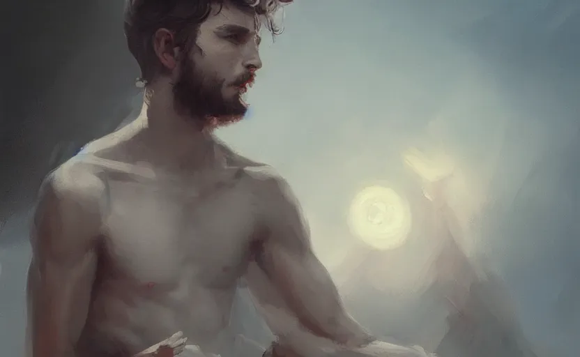 Image similar to a painting of the all father trending on artstation in the style of greg rutkowski, beautiful, young male, sensual, wise, natural skin, leader, 1 9 0 0 s, industrialization, toga, night sky