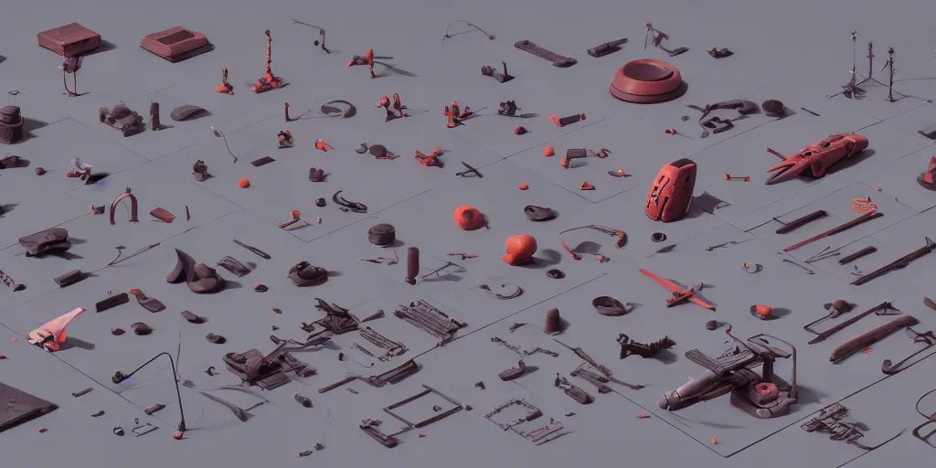 Image similar to collection of exploration of form and shapes, props, hard surface, panel, simon stalenhag, kitbash, items, gadget, big medium small, close up