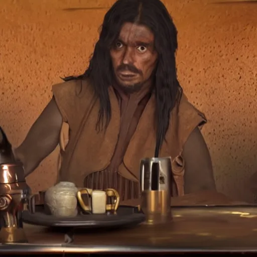 Image similar to wrenga jixton sitting at a table in a bar on tatooine, movie still, human with long black hair and a black leather vest