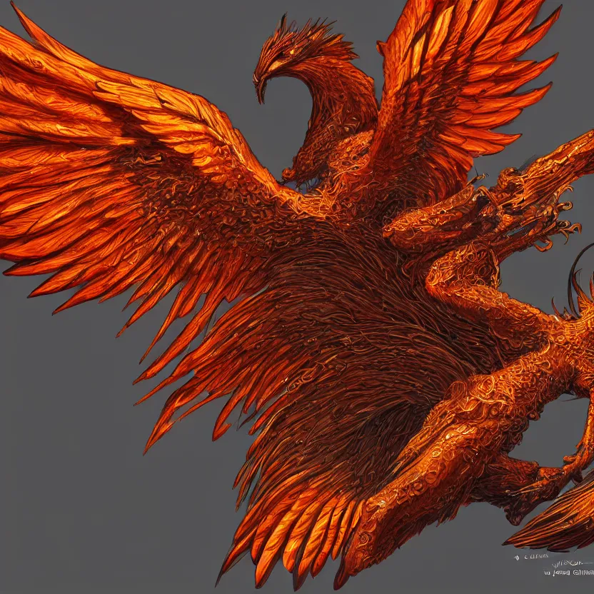 Image similar to Intricate detailed photo of dramatic phoenix bird with spread wings by James Gurney, unreal engine, Trending on artstation.