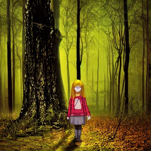 Image similar to lost child in woods, spooky, cel shaded, glossy