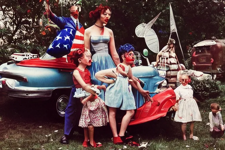 Prompt: color joel peter witkin photo of 1 9 5 0 s suburban family, capitalist propaganda meets body horror, patriotic nihilism, annie liebovitz, bosch, pixar