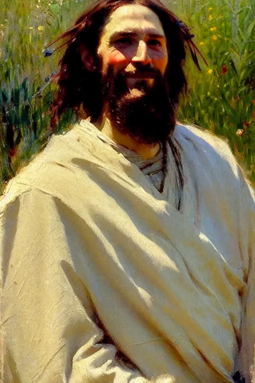 Image similar to impressionist brushstrokes!!!!!!!!! solomon joseph solomon and richard schmid and jeremy lipking victorian loose genre loose painting full length portrait painting of jesus with a slight smile happy inviting