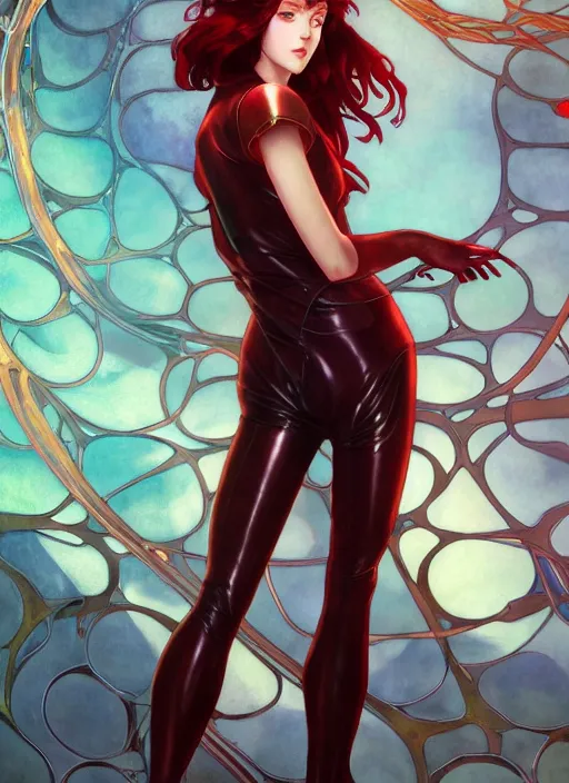 Image similar to pretty young woman with shoulder length shiny shimmering dark red hair and wearing leather suit, path traced, highly detailed, high quality, digital painting, by studio ghibli and alphonse mucha, leesha hannigan, makoto shinkai, disney