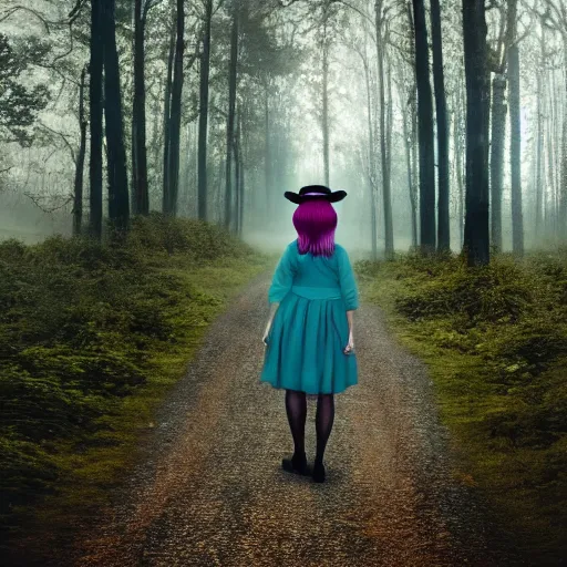 Image similar to a cottagecore witch, with strawberry hair, with teal clothes, in a foggy forest, hyper - realistic, 4 k, full body, vogue photoshoot