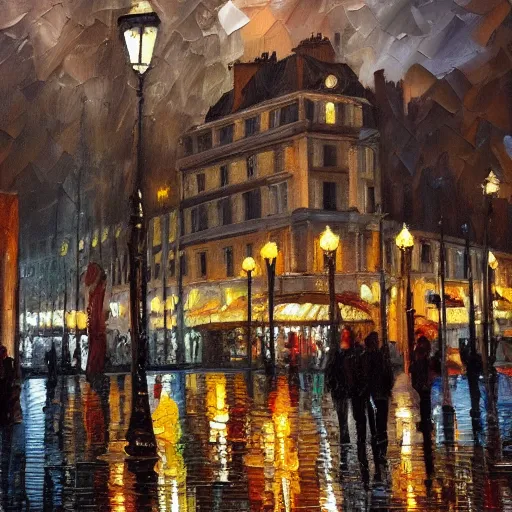 Image similar to Public square in Paris, it is night and raining, oil painting , highly detailed , high contrast, beautiful lighting, award winning , trending on art station, photorealistic, 8k