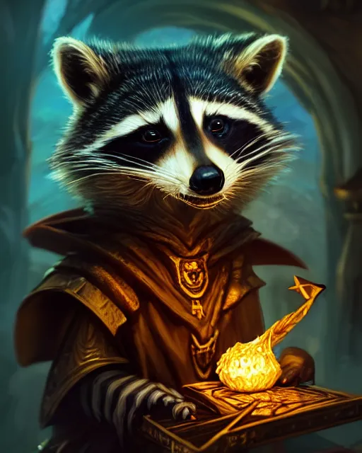 Prompt: closeup 2 8 mm anthropomorphic warlock raccoon casting a spell in a castle, d & d, fantasy, intricate, action pose, particle effects, highly detailed, digital painting, artstation, concept art, matte, sharp focus, volumetric lighting, illustration, hearthstone, art by artgerm, wlop, craig mullins, alphonse mucha