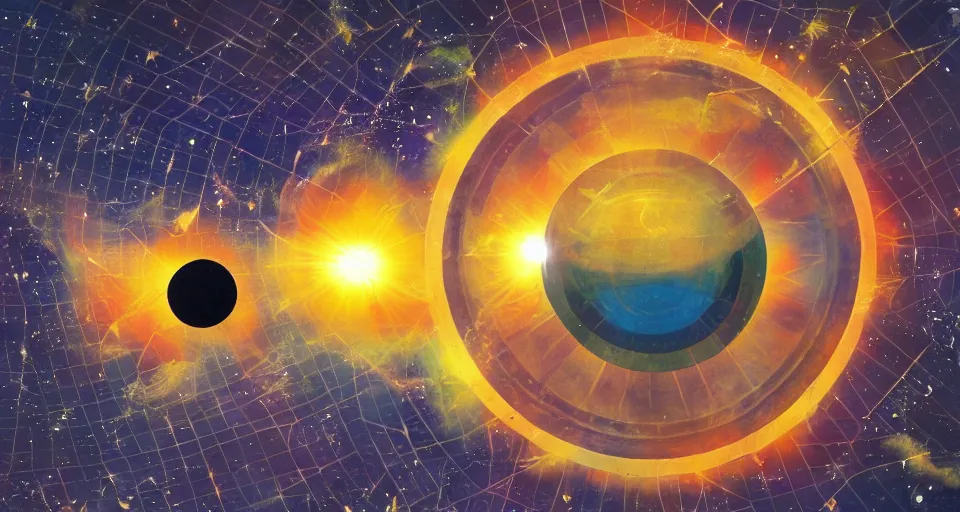 Image similar to hexagonal shield in space, blocking the sun, earth in the foreground, art deco painting