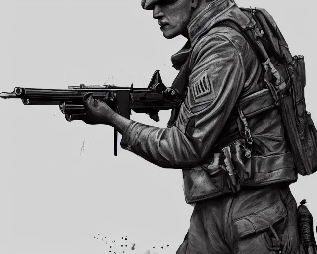Image similar to A soldier aiming a gun, hateful face, world war 1, close-up, realistic face, beautiful face detail, mature facial features, black and white, amazing digital art, hyper detailed, artstation, in the style of Tony Sart