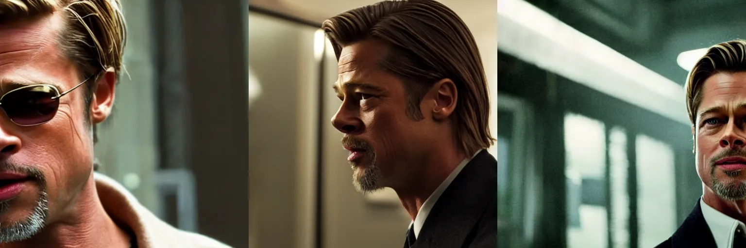 Prompt: close-up of Brad Pitt as a detective in a movie directed by Christopher Nolan, movie still frame, promotional image, imax 70 mm footage