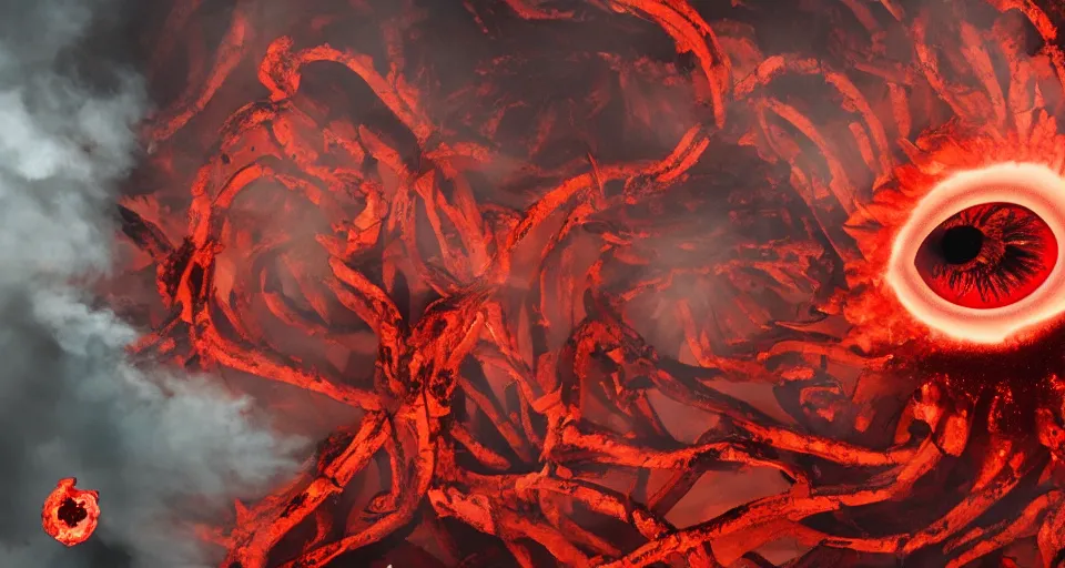 Image similar to a volcano made of ivory vines and crimson rocks enters in eruption, it spits a smoke in the shape of demonic eye, from Hearthstone