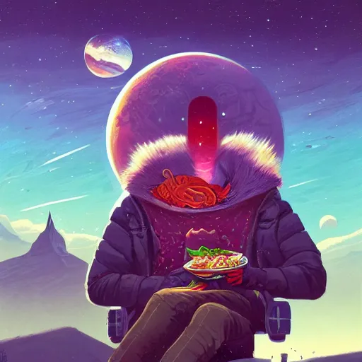 Prompt: interloper consuming food, no man's sky style, colorful, fantasy, intricate, highly detailed, digital painting, hq, trending on artstation, illustration, style of stanley artgerm and greg rutkowski and dan mumford