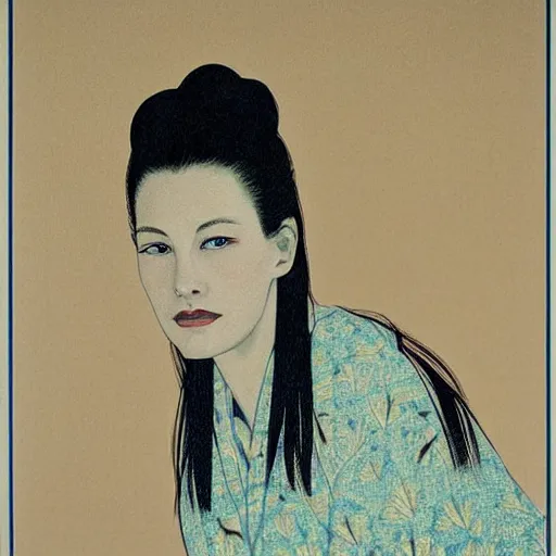 Image similar to “ liv tyler portrait by ikenaga yasunari and ayana otake and ko rakusui, 6 0 s poster, drawing, realistic, sharp focus, japanese, dreamy, nostalgia, faded, golden hues, floral clothes, porcelain skin ”