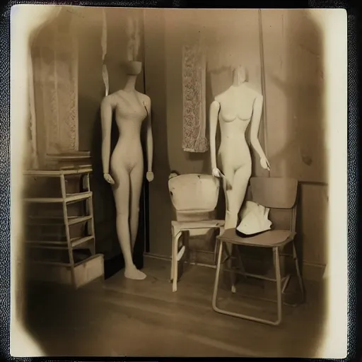 Image similar to old mannequins sparsely populating backrooms, liminal spaces, polaroid photo, highly detailed