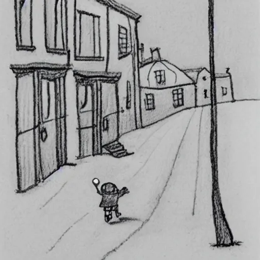 Prompt: humorous minimalistic pencil drawing of little nicholas walking along a lonely village street, similar pencil drawing in the book le petite nicolas, by jean - jacques sempe, by rene goscinny