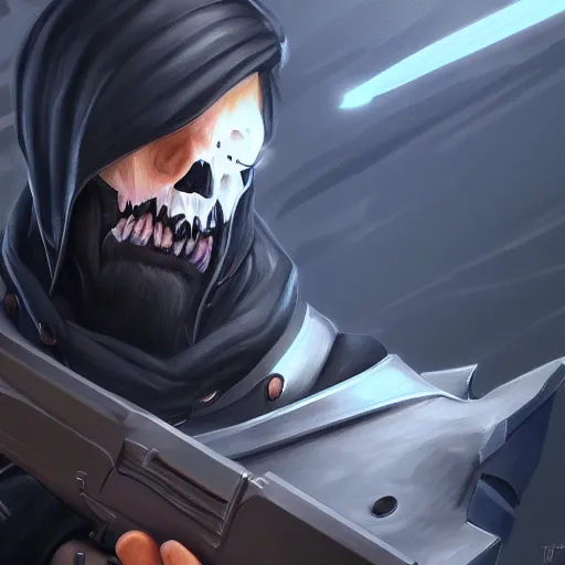 Image similar to portrait painting of reaper overwatch, photorealistic, extreme detail, sharp focus, 8 k, intricate, hyper detailed, realistic, cinematic lighting