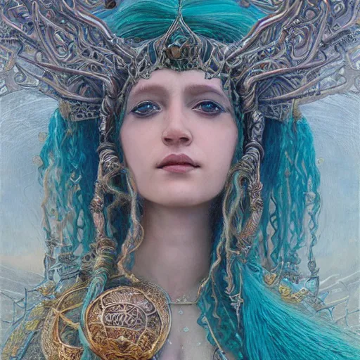 Image similar to intricate detail, hyper detail, lady of elche techno mystic princess intergalactica, inanna, ashteroth, with aqua neon rapunzel dreadlocks, mami wata, detailed, by gaston bussiere, bayard wu, greg rutkowski, h. r. giger, greg rutkowski, sandro botticelli, masterpiece, sharp focus,