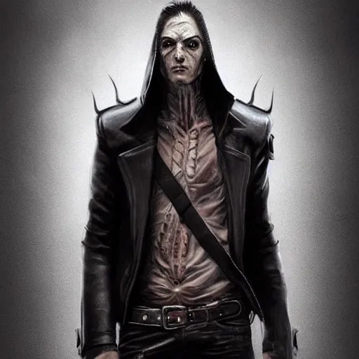 Image similar to a full body shot of pinhead, Long leather jacket. cinematic lighting, highly detailed, digital painting, concept art, smooth, sharp focus, illustration, art by Artgerm and Greg Rutkowski, Cgsociety