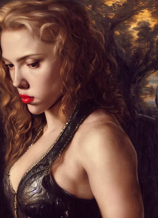 Image similar to Beautiful ,black Canary , Scarlett Johansson,, Dramatic, Edge, Good, Infused, Backlight, De-Noise, VFX, insanely detailed and intricate, hypermaximalist, facial ,elegant, ornate, hyper realistic, super detailed, by Anthony Van Dyck, by Ivan Shishkin, by John Constable