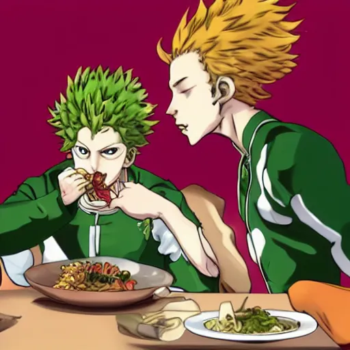 Prompt: kakyoin eating with giorno