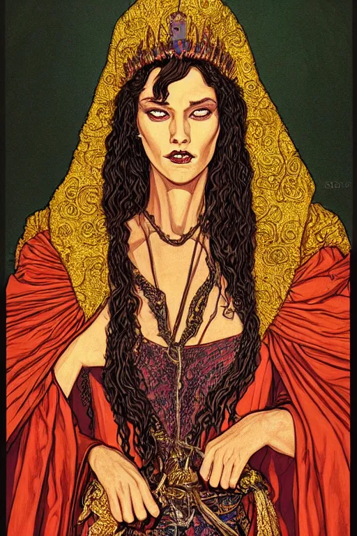 Image similar to Portrait of historically accurate, ancient biblical, sultry, sneering, evil, pagan, wicked, queen jezebel, wearing gilded robes, long hair, intricate, elegant, highly detailed, masterpiece, illustration, art by Jean Giraud, highly detailed, trending on artstation, award winning